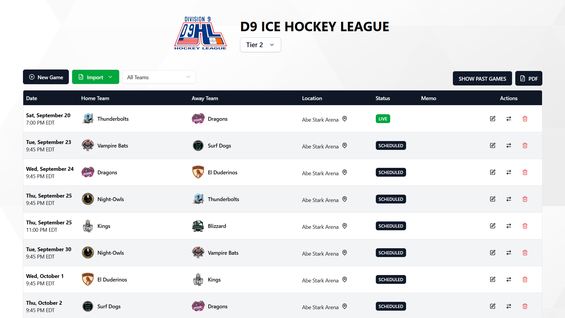 Schedule - Display league schedules with filters. Includes schedule generator, excel import and PDF export for ...