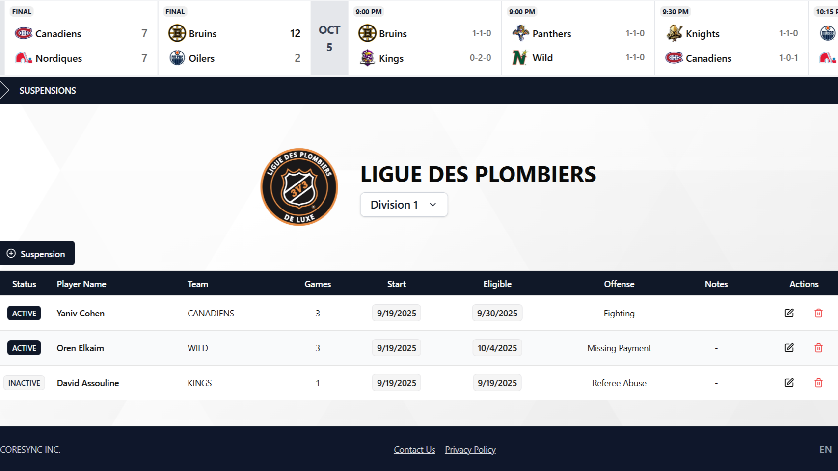 Suspensions - Maintain discipline records with a live list of suspended players, reasons, and expected return date...